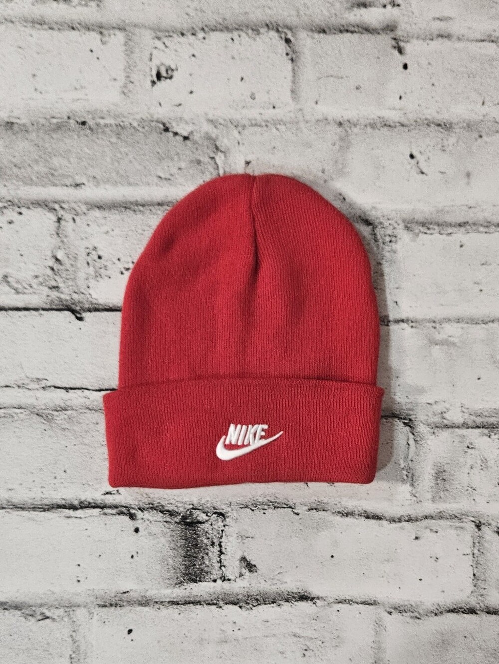 Nike Red Cuffed Knit Beanie White Embroidered Logo One Size
